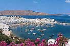 Panoramic view of Mykonos harbor and town